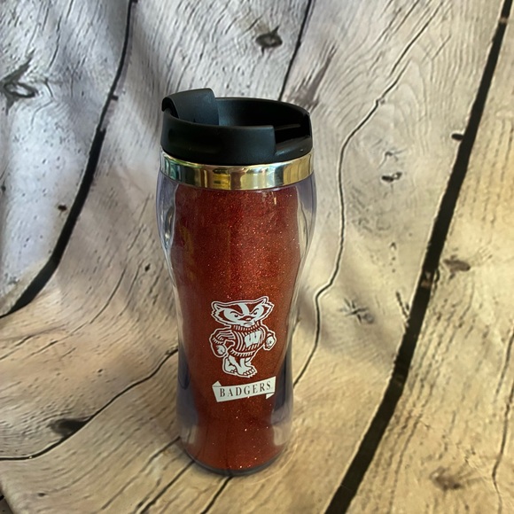 Other - 5/$20 Wisconsin Bucky Badger Glitter Red Thermo Hot/Cold Insulated Plastic Mug